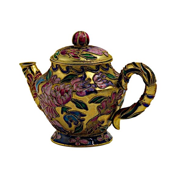 Vintage Small Cloisonné Hand-Painted and Enamel Gold Gilt Teapot and Lid - Picture 6 of 9